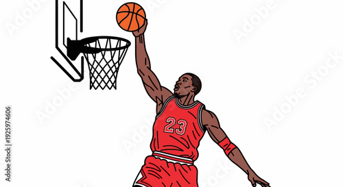 Basketball Player Dunking Ball Over Hoop, Athletic Sports Action