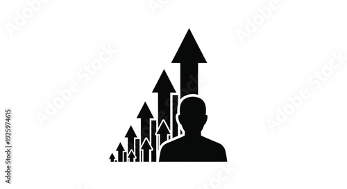 Silhouette of a person against a background of increasing upward trending bar graphs and arrows