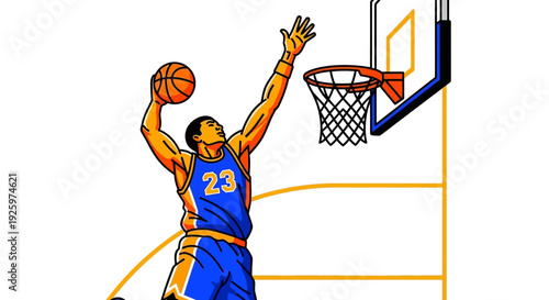 Basketball Player Dunking Slam Dunk Over Net - Athletic Sports Illustration