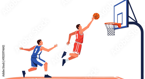 Basketball player in red uniform dunks the ball as opponent watches