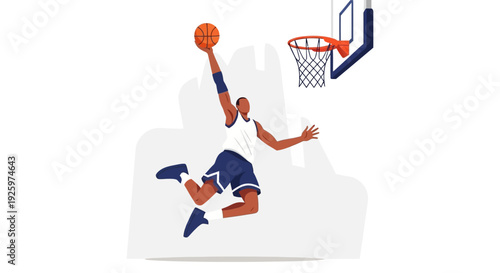 Basketball player jumping to dunk ball into hoop, dynamic sports illustration