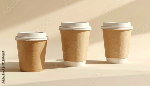Wallpaper Mural Three brown paper coffee cups with white lids on a beige surface, viewed from the front. Torontodigital.ca
