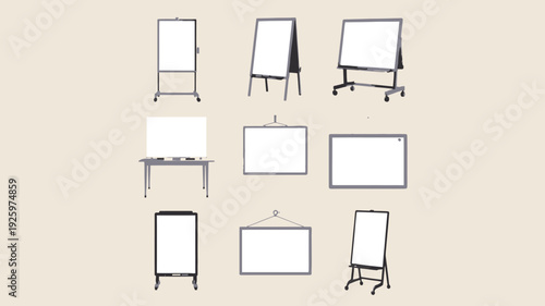 Collection of 9 stylized blank display boards on easels and stands in a neutral environment viewed from the front