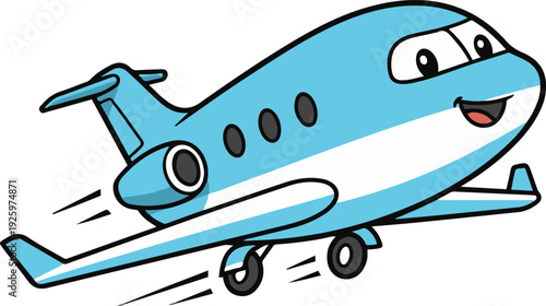 Cute cartoon private jet airplane taking off with smiling face, colorful aviation character isolated on white background.