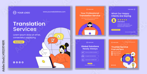 Translation Service Flat Cartoon Hand Drawn Social Media Post Template Background Illustration