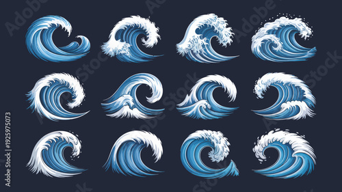 Collection of stylized ocean waves in various blue shades, illustrations, high fidelity, digital art, ocean environment