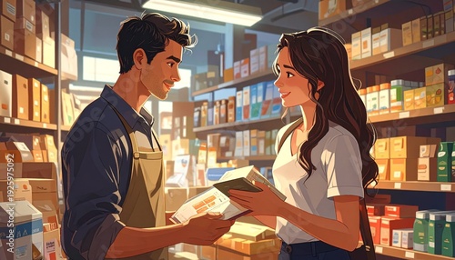 Male store assistant helping female customer with product selection in a well-stocked retail store environment from a front viewpoint