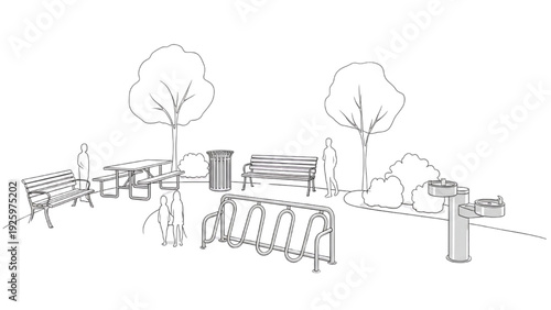 Illustrated Set of Community Park Equipment and Public Outdoor Space Components Line Art Drawing