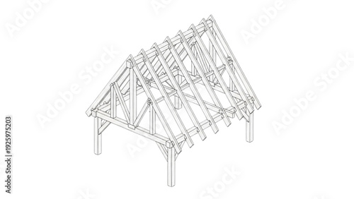 Line Art Rendering of a Classic Wooden Roof Truss Assembly for Building Plans