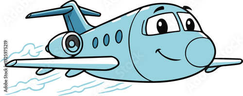 Cute blue cartoon airplane flying with motion trails, smiling aviation character in side view, isolated on white background.