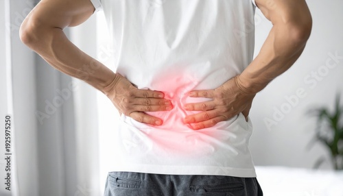 Man suffering from severe lower back pain, highlighting discomfort and need for relief.