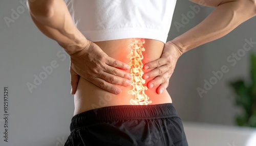 Woman suffering from lower back pain, highlighting the spine with a glowing effect, indicating discomfort and injury.