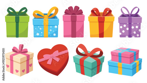 Collection of colorful gifts and heart-shaped box arranged neatly from a top view perspective