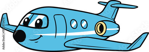 Cute blue cartoon airplane character with smiling face, flying in side view, isolated on white background.