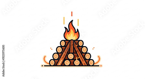Burning campfire with flames and logs outdoor fire pit for camping and outdoor activities at night