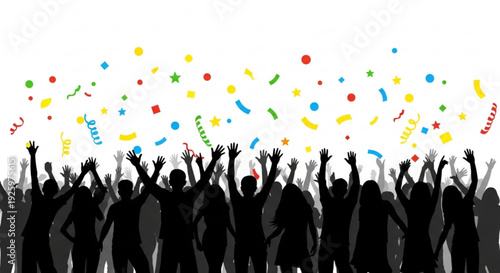Silhouette of people celebrating with confetti and streamers in the air on a white background joyful crowd with raised hands