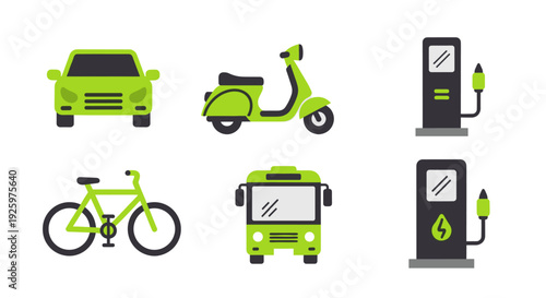 Green vehicles, including a car, scooter, bicycle, and bus, represent environmentally friendly transportation, with charging stations