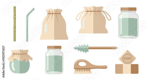 An array of eco-friendly sustainable items, with a focus on zero-waste living. The objects in this image are essential for a conscious and green lifestyle