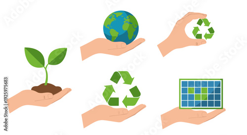 Protecting the planet with various eco-friendly initiatives, represented by a hand holding symbolic objects
