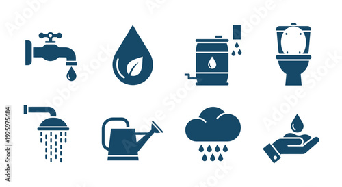 Various water related icons, depicting a faucet with dripping water, a water drop with a leaf, a rain barrel, a toilet, a shower, a watering can, a cloud with raindrops and hand holding waterdrop