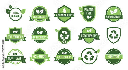 A collection of environmental labels, perfect for representing eco-friendly products and sustainable initiatives