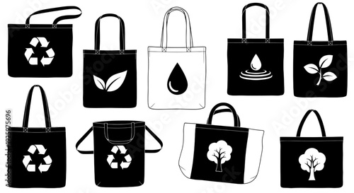 Eco-friendly tote bags with various designs, showcasing environmental consciousness. The bags feature recycling symbols, leaves, water droplets, and trees, promoting sustainability.