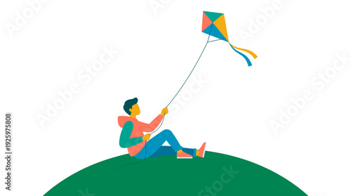 A young person joyfully flying a colorful kite on a grassy hill, embracing a breezy day. The kite soars high, a symbol of freedom and youthful exuberance