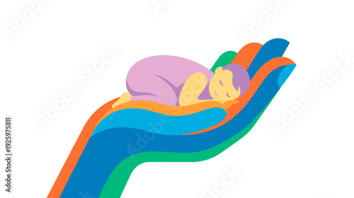 A baby sleeping peacefully in a hand