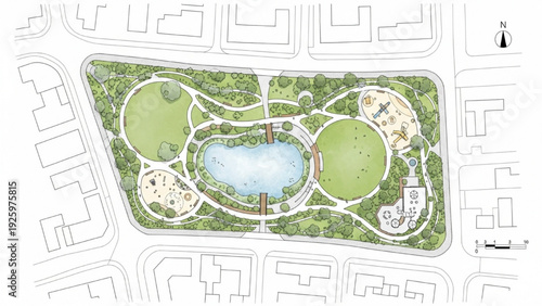 Map of a Public Park Showing a Lake, Walking Paths, and Play Areas