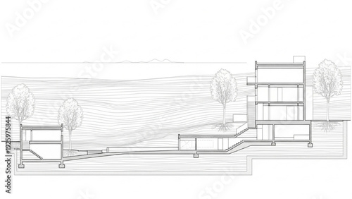 Architectural cross-section illustrating multi-level building design with landscape integration