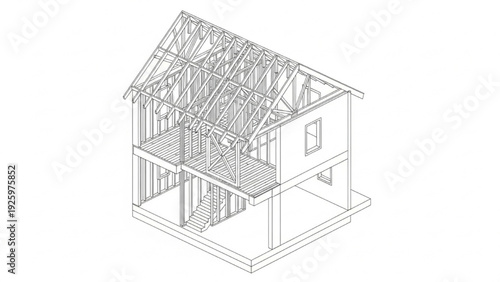 Detailed isometric illustration of a house structure frame under construction project