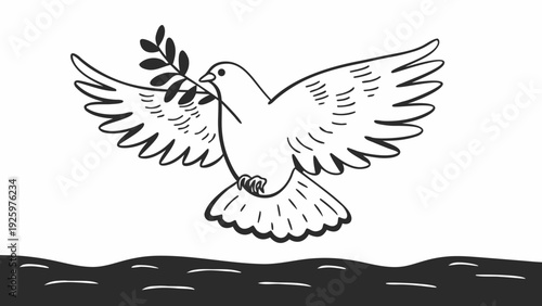 Dove carrying olive branch in flight over serene landscape