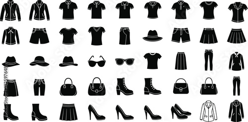 Black Silhouettes of Women Fashion Clothing and Accessories Icons Including Dresses Shoes Bags Hats and Outerwear for Retail Graphic Design (20 words)