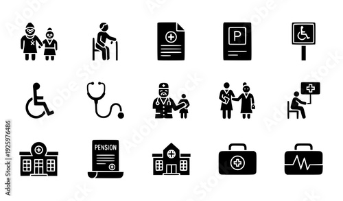 Senior Healthcare and Disability Assistance Solid Glyph Vector Icons