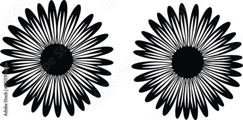 Black sunflower silhouette vector illustration with detailed petals isolated on white background for decorative botanical design projects