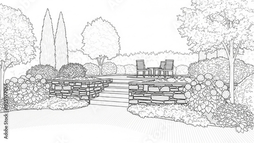 Landscaping and garden design with stone stairs and patio seating area