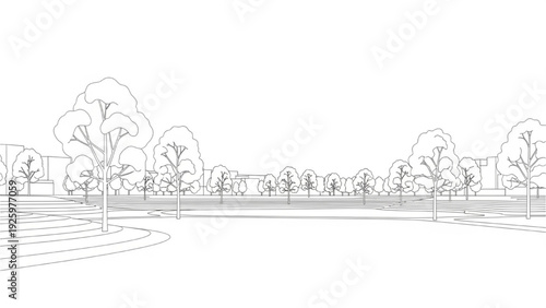 Line drawing of a park with trees and pathways creating a serene natural landscape