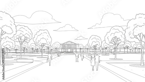 Outline drawing of a vibrant urban park scene featuring pedestrians and a majestic architectural landmark