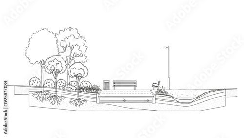 Architectural line drawing of sustainable urban park section with integrated green infrastructure design