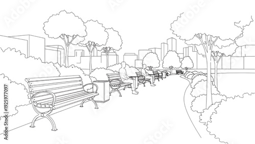 Line art illustration of a park bench along a pathway with trees and buildings