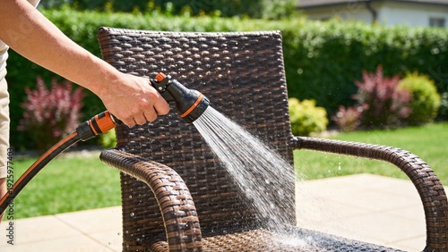 Outdoor home maintenance scene: hand spraying water from hose nozzle to wash rattan chair on sunny backyard patio. Summer cleaning and household chore concept