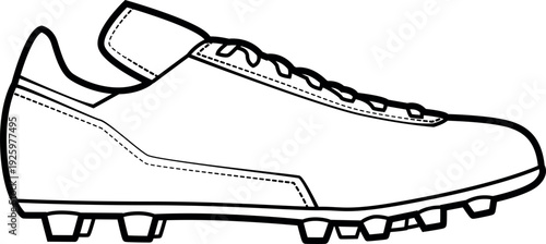 Vector outline of a soccer cleat side view. Black and white football boot illustration with stitching details and studs. Perfect for sports apparel mockups, team logos, and coloring books.