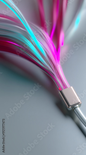 Abstract macro of glowing fiber optic cables connecting to a metallic plug representing high speed data and digital connectivity