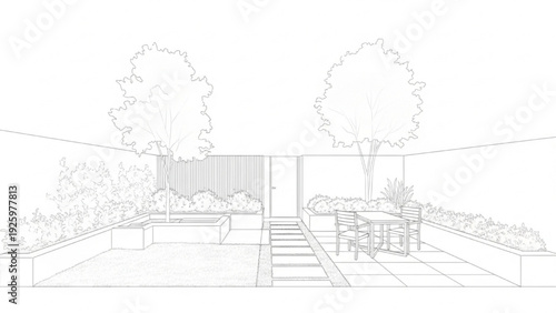 Conceptual design sketch for a modern backyard garden layout with patio, trees, and seating area