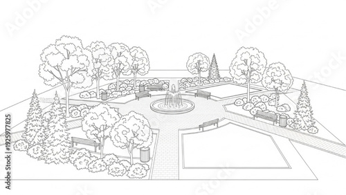 Park with fountain and benches, a beautiful place for relaxation and leisure