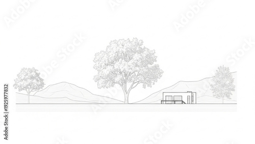 Architectural illustration of a modern house in a natural landscape with trees
