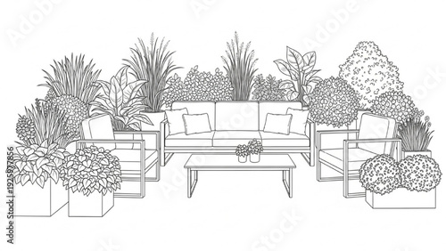 Stylish Outdoor Patio Design Concept Line Art Illustration of Modern Furniture and Lush Plants