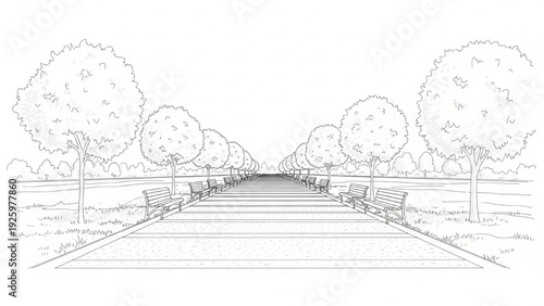 A perfectly symmetrical park pathway with trees and benches stretching into the distance