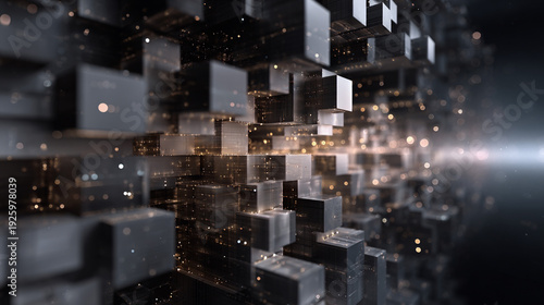 Abstract 3D rendering of interconnected metallic and transparent cubes with glowing particles, representing data, technology, and futuristic innovation.