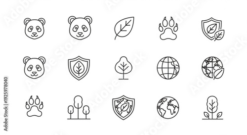 Eco friendly icons set with bear leaf paw shield globe and cactus symbols for conservation and sustainability concepts